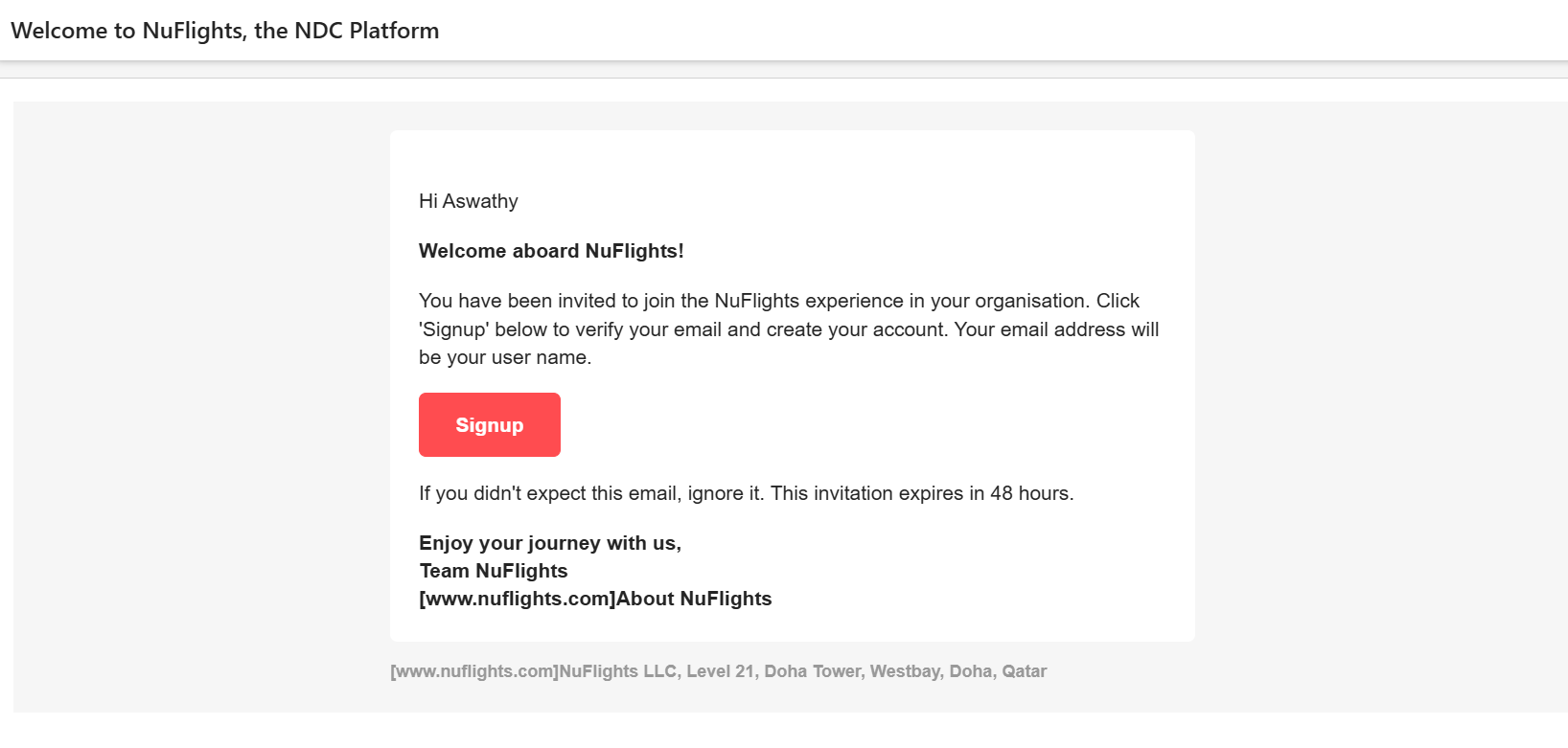 NuFlights Invitation Email